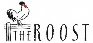 black line drawing logo of a rooster on a roost over the words he roost