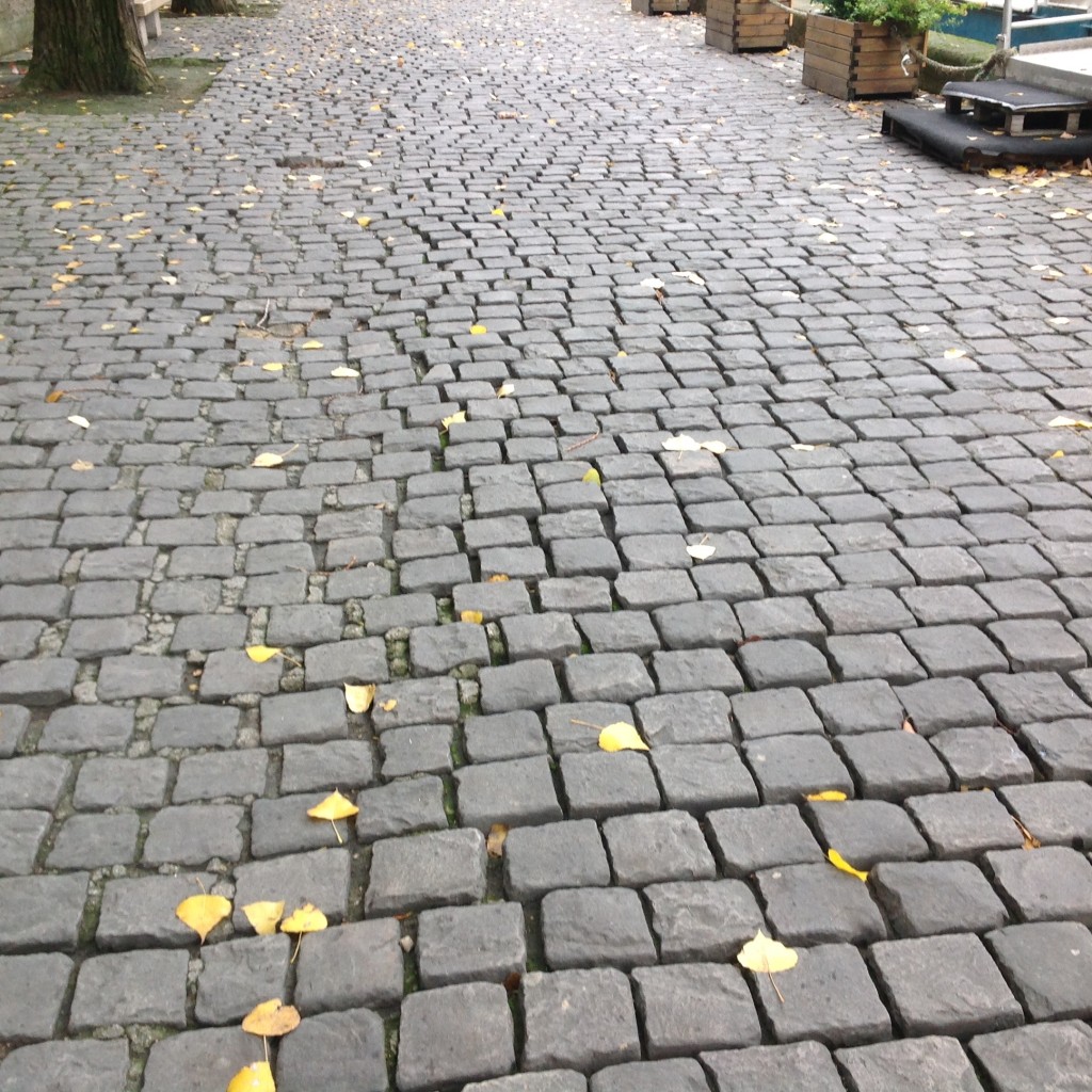 Step by step along the cobbled way.